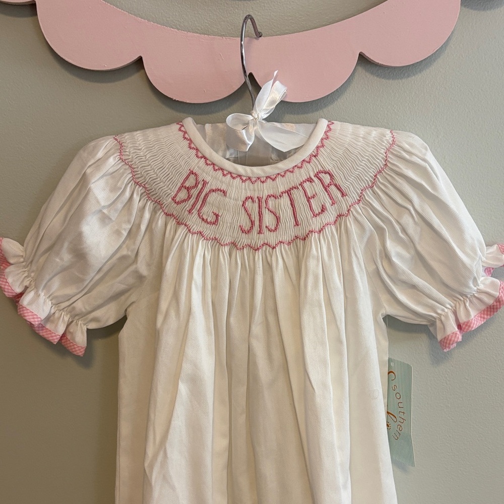 NWT Big Sister Smocked White Pink Bishop Dress 2T